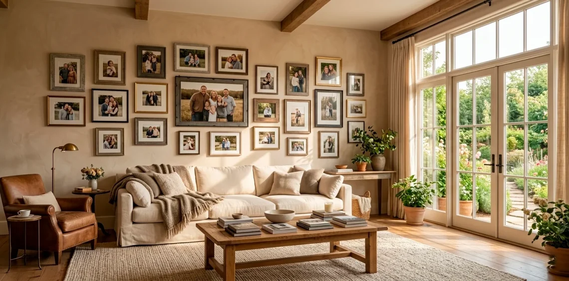 Wide horizontal banner showing a cozy living room with a large, artistic family photo gallery wall.