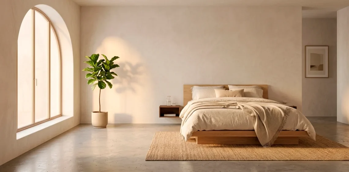Wide panoramic shot of a warm minimalist bedroom with wood furniture and soft cream linens.