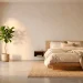 Wide panoramic shot of a warm minimalist bedroom with wood furniture and soft cream linens.