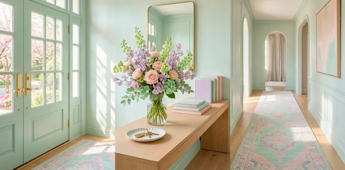 A wide, bright entryway with pastel decor, spring flowers on a console table, and soft morning light for Mother's Day.