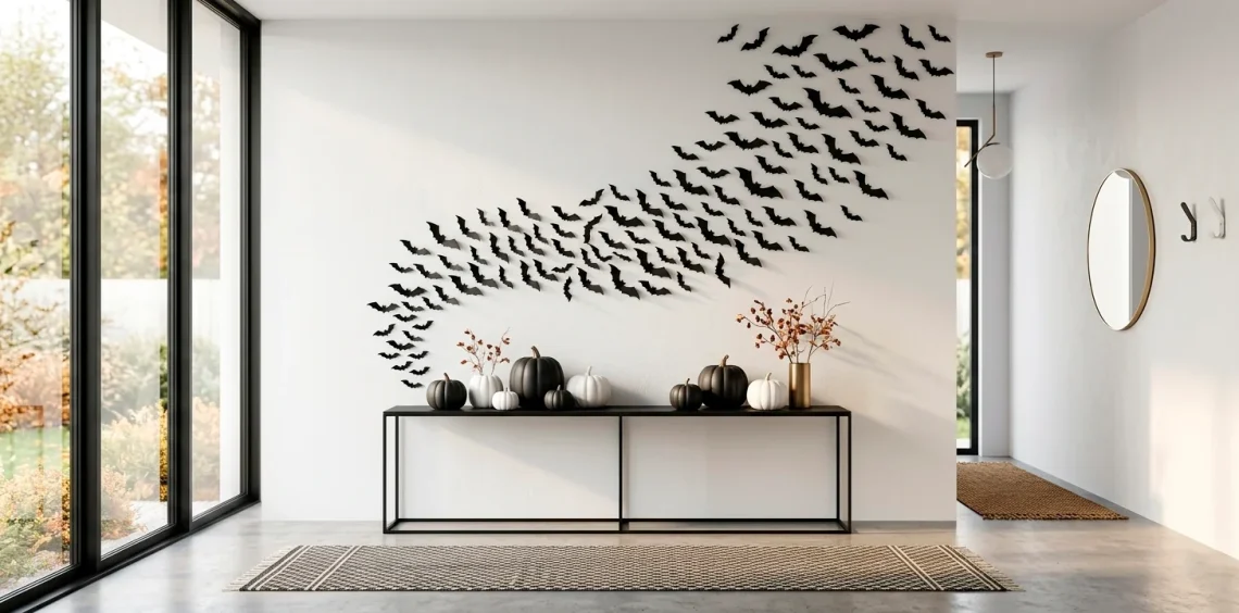 Modern minimalist entryway with chic black and white Halloween decorations and paper bat wall art.