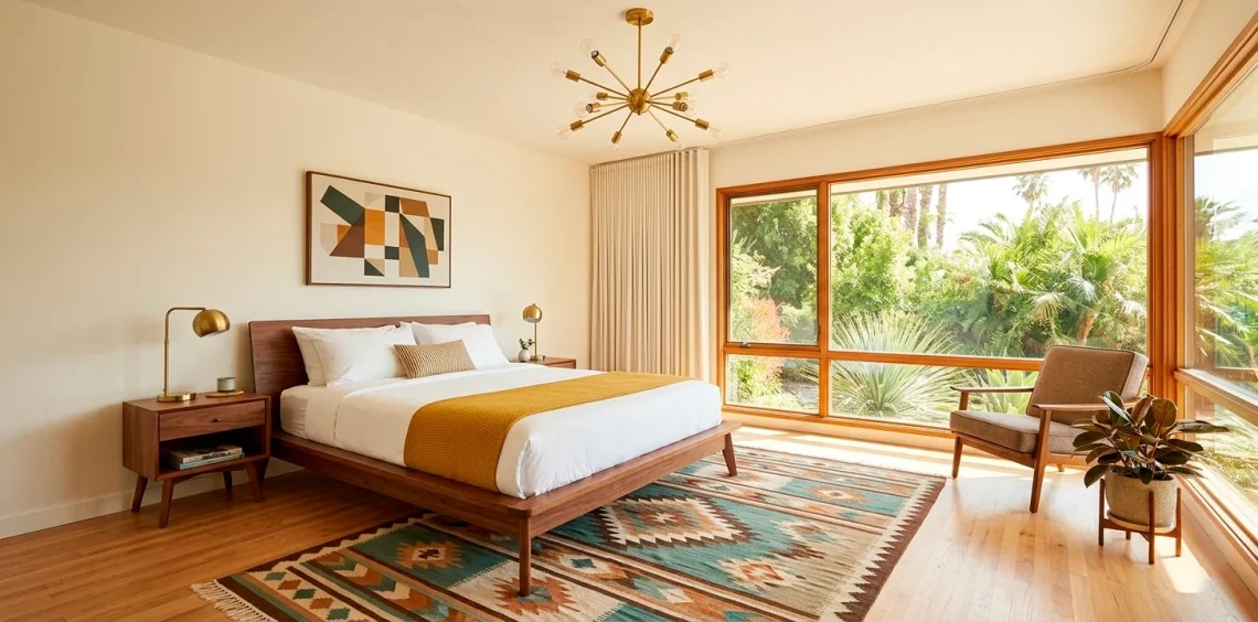 A wide horizontal shot of a sleek and inviting mid-century modern guest bedroom with walnut furniture.