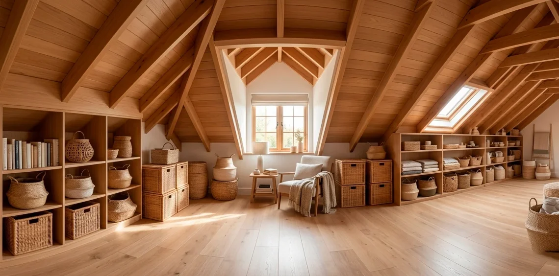 Wide panoramic shot of a stylish attic organized with natural woven storage baskets and cozy decor.