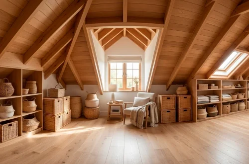 Wide panoramic shot of a stylish attic organized with natural woven storage baskets and cozy decor.