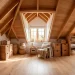 Wide panoramic shot of a stylish attic organized with natural woven storage baskets and cozy decor.