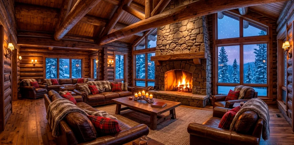 Luxurious rustic log cabin living room with a stone fireplace and cozy furniture at twilight.