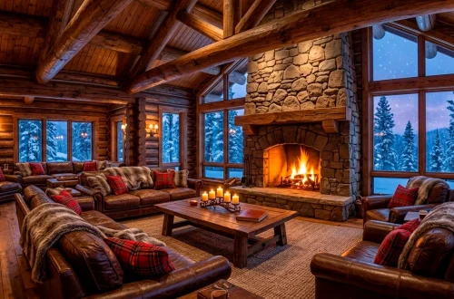 Luxurious rustic log cabin living room with a stone fireplace and cozy furniture at twilight.
