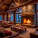 Luxurious rustic log cabin living room with a stone fireplace and cozy furniture at twilight.