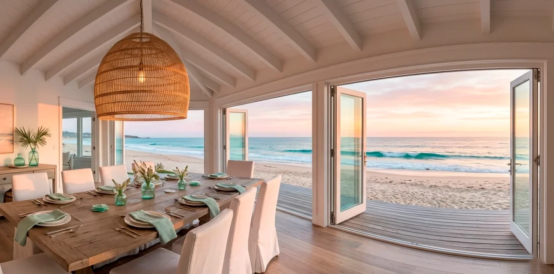 Wide panoramic view of an airy coastal dining room with white beams, rattan pendant, and ocean views at sunset.