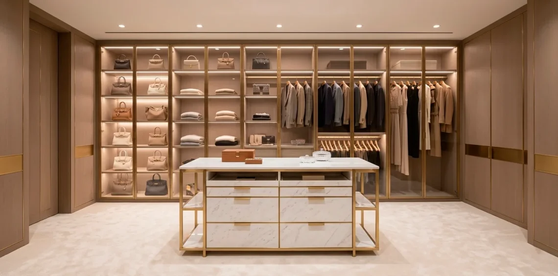 A luxurious dream dressing room featuring a marble island, custom lighting, and organized designer clothing.