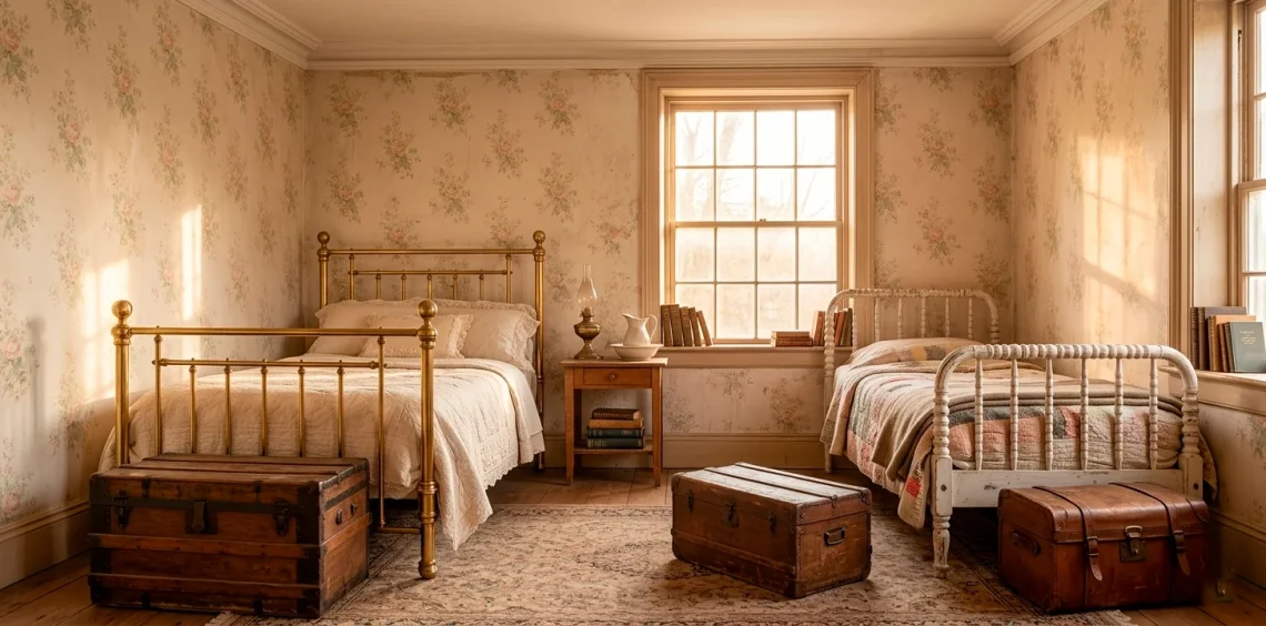 Two vintage twin beds in a sunlit guest room with floral wallpaper and nostalgic decor for a cozy retreat.