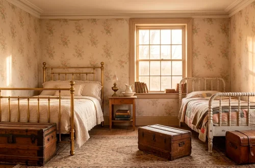 Two vintage twin beds in a sunlit guest room with floral wallpaper and nostalgic decor for a cozy retreat.