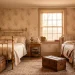 Two vintage twin beds in a sunlit guest room with floral wallpaper and nostalgic decor for a cozy retreat.