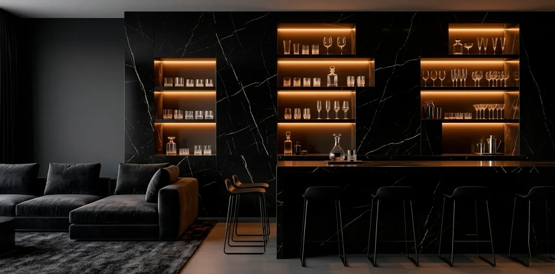 Luxurious wide-angle view of a modern monochromatic home bar with charcoal marble and designer bar stools.