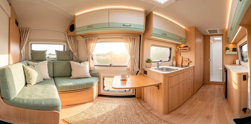 Wide-angle view of a serene camper van interior with soft sage green and oak wood pastel color palette.