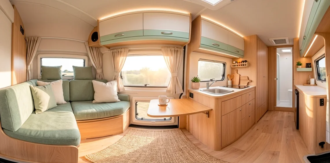Wide-angle view of a serene camper van interior with soft sage green and oak wood pastel color palette.