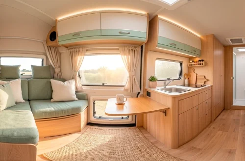 Wide-angle view of a serene camper van interior with soft sage green and oak wood pastel color palette.