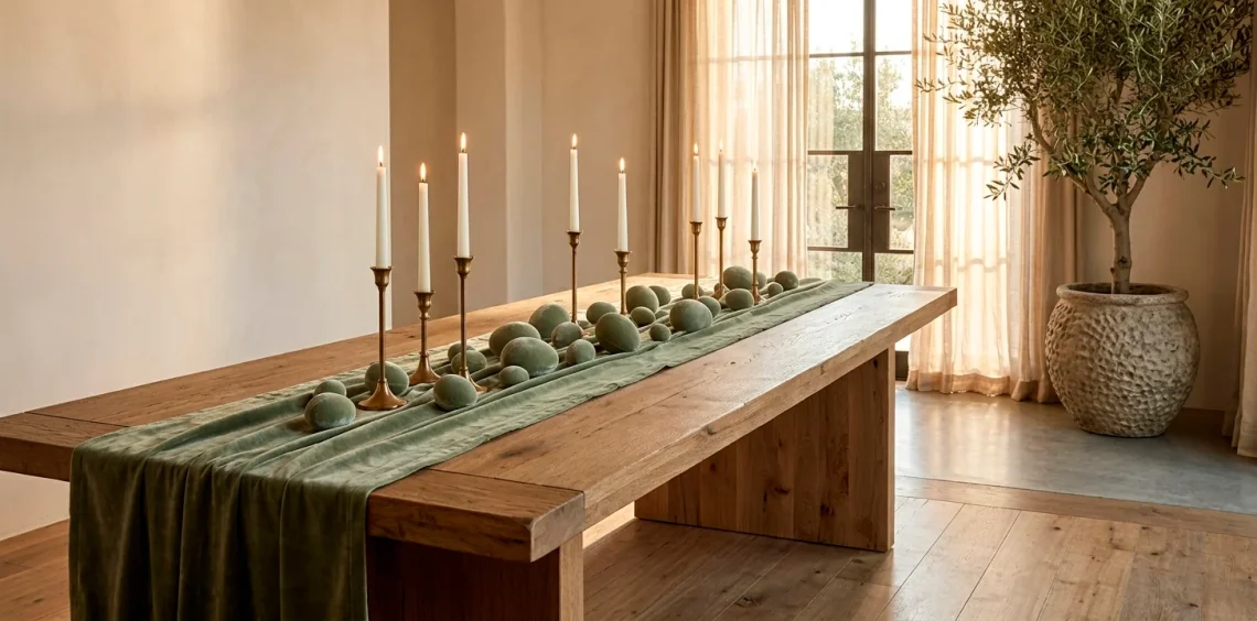 Luxurious Easter dining room with sage green velvet table runner and eggs on an oak table.