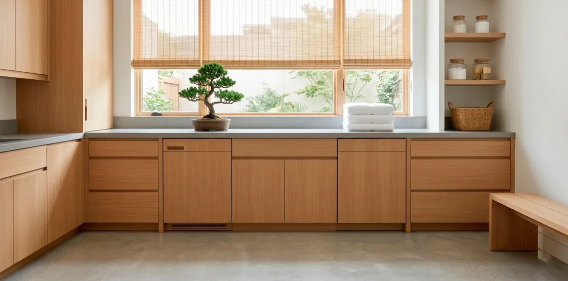 Zen laundry room organization with minimalist oak cabinets and peaceful morning light in a calm home.