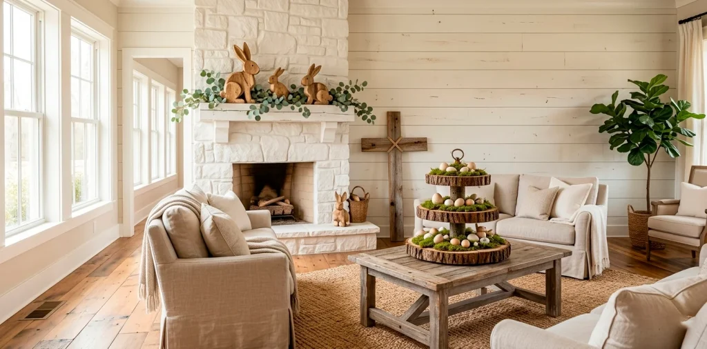 Cozy farmhouse living room featuring rustic wood Easter decorations, wooden bunnies, and spring greenery in a sunlit space.