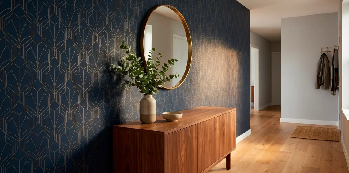 Modern apartment entry with navy and gold geometric renter-friendly wallpaper and walnut console table.