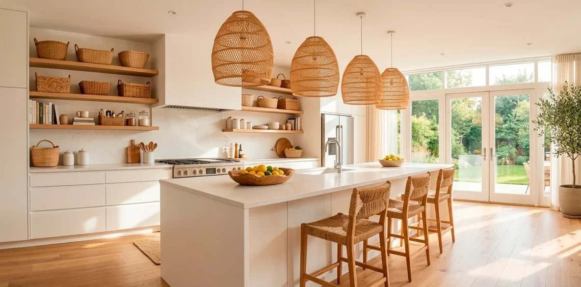 Wide panoramic shot of a sunny modern kitchen with honey-hued rattan pendants and woven accents.
