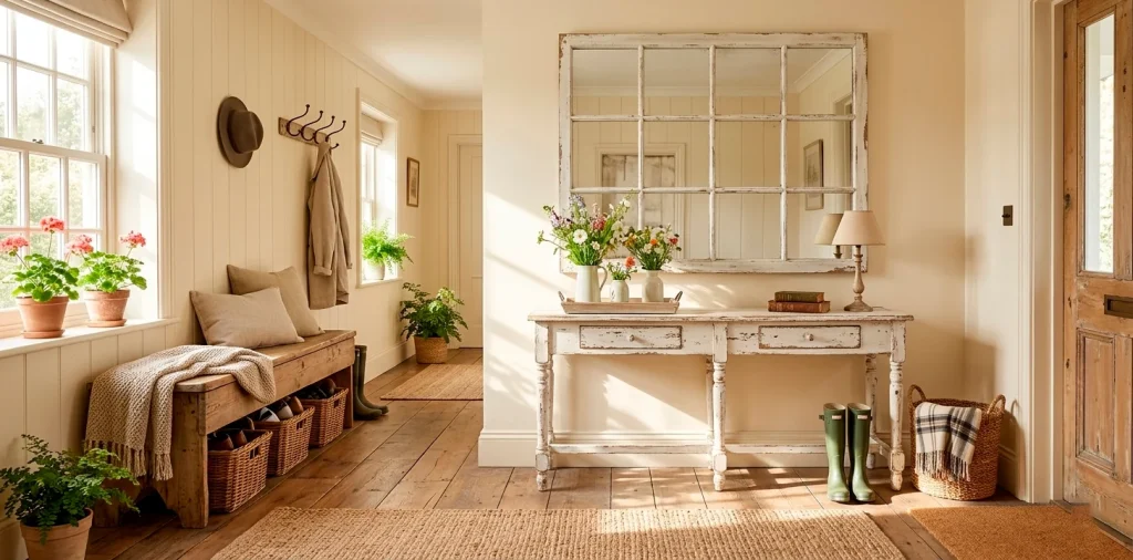 A wide, sunny country entryway featuring various distressed white farmhouse furniture and decor pieces.