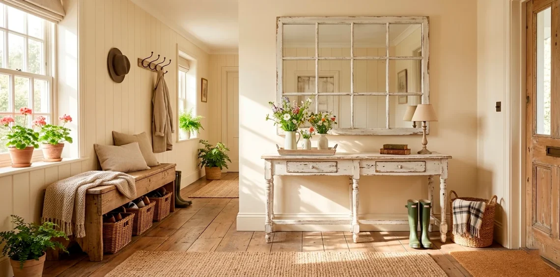 A wide, sunny country entryway featuring various distressed white farmhouse furniture and decor pieces.