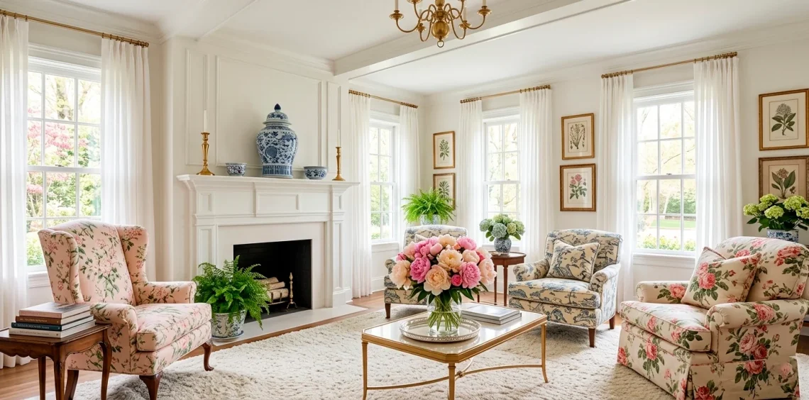 Elegant grandmillennial living room with floral armchairs and blue white ginger jars for Mother's Day.
