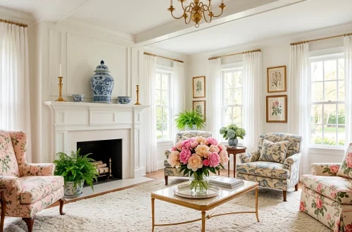 Elegant grandmillennial living room with floral armchairs and blue white ginger jars for Mother's Day.