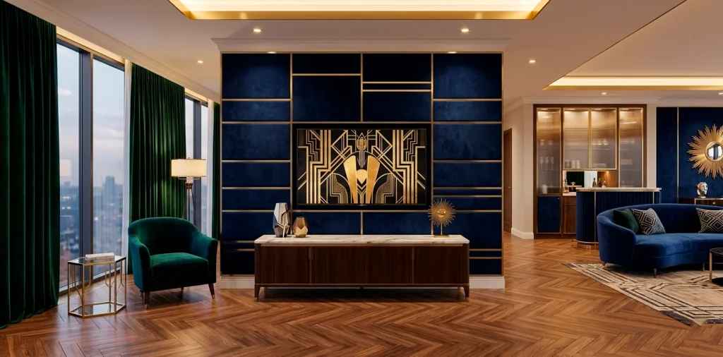 Luxurious Art Deco living room featuring a navy velvet and gold brass TV wall with high-end furniture.