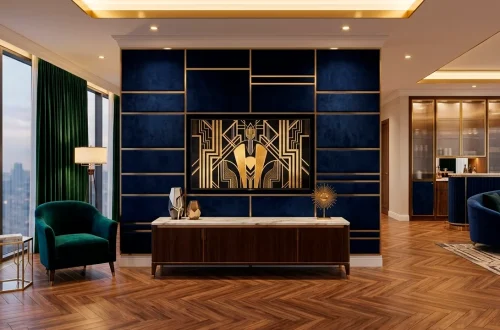 Luxurious Art Deco living room featuring a navy velvet and gold brass TV wall with high-end furniture.