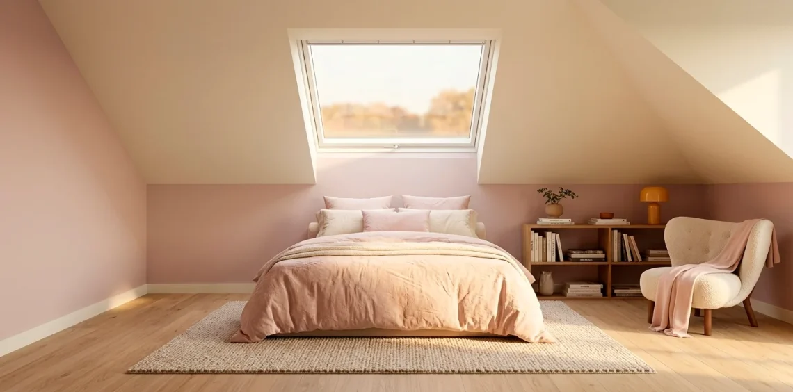 Luxurious soft pink and cream attic bedroom with slanted ceilings and natural skylight illumination.
