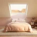 Luxurious soft pink and cream attic bedroom with slanted ceilings and natural skylight illumination.