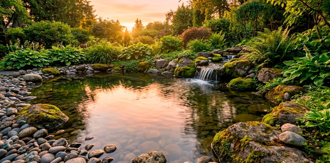 A serene natural backyard pond with a stone waterfall, lush plants, and clear reflecting water.