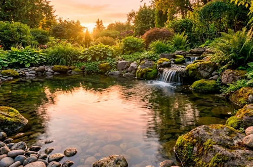 A serene natural backyard pond with a stone waterfall, lush plants, and clear reflecting water.