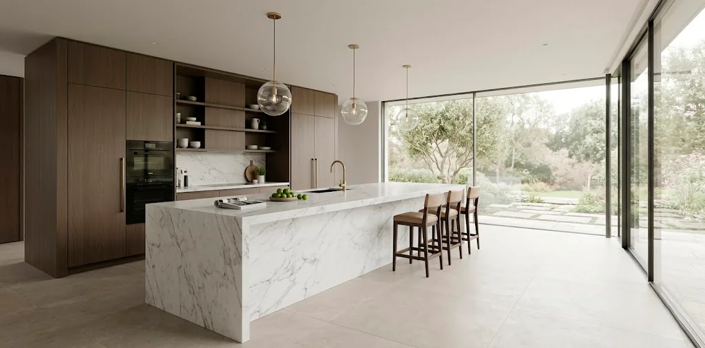 Wide landscape shot of a luxury modern kitchen with a marble waterfall island and dark oak cabinets.