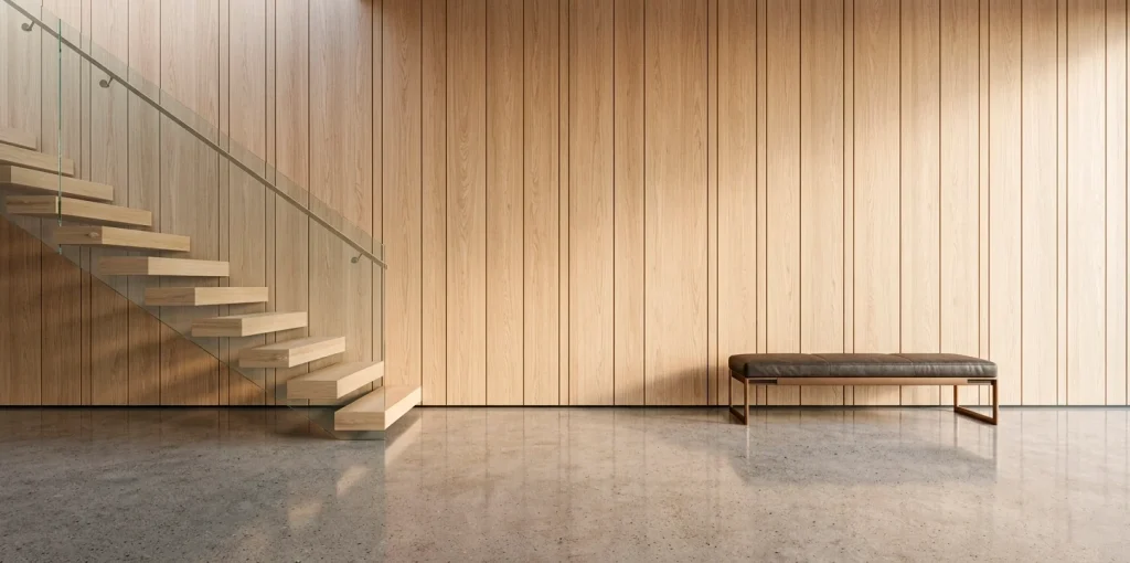 Wide view of a modern floating staircase with a full-height light oak wood slat wall backdrop.