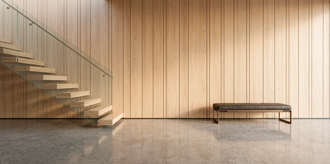 Wide view of a modern floating staircase with a full-height light oak wood slat wall backdrop.