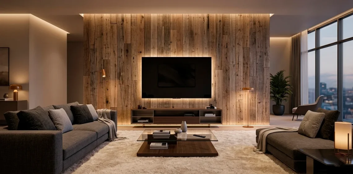 Large living room with a floor-to-ceiling reclaimed wood TV wall and modern designer furniture.