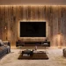 Large living room with a floor-to-ceiling reclaimed wood TV wall and modern designer furniture.