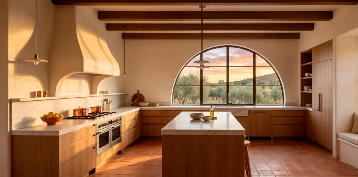 Wide horizontal banner of a modern Mediterranean kitchen with warm plaster walls and sunset light.