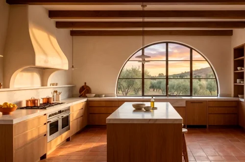 Wide horizontal banner of a modern Mediterranean kitchen with warm plaster walls and sunset light.