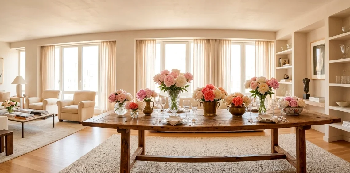 Luxurious Mother's Day interior featuring multiple professional peony floral arrangements on a wooden table.