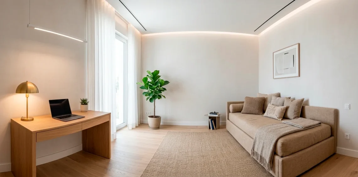 Wide landscape view of a modern combined home office and guest bedroom with sleek furniture and natural light.