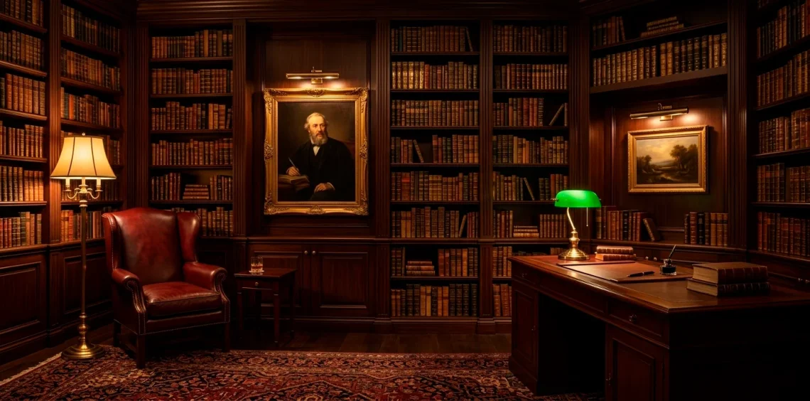 Luxurious home library with dark wood shelves and several warm golden brass lamps glowing softly.