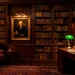Luxurious home library with dark wood shelves and several warm golden brass lamps glowing softly.