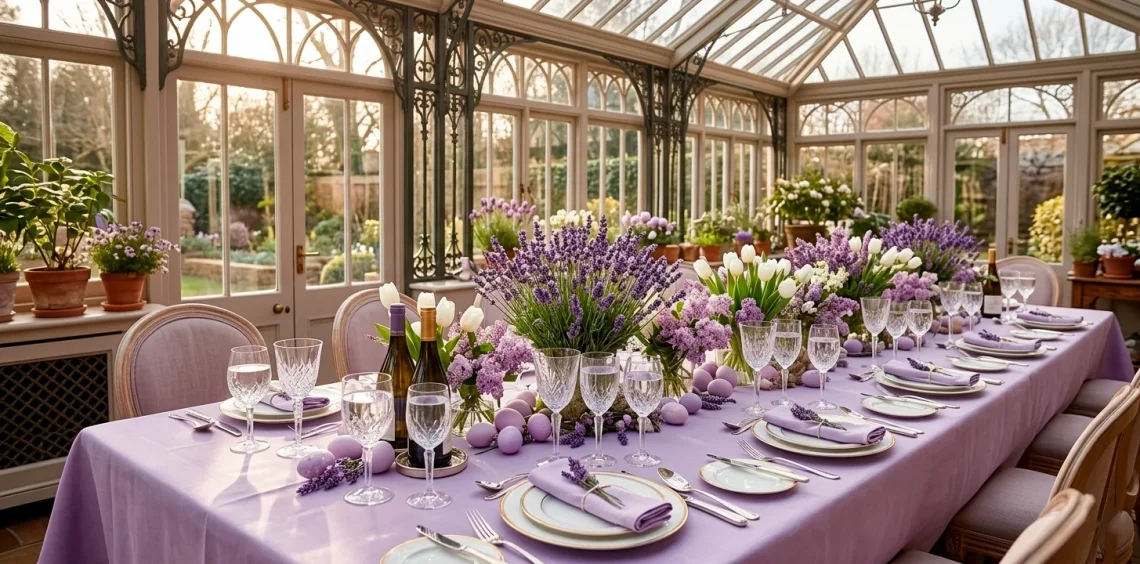 Wide view of a dreamy lavender Easter tablescape in a sunlit conservatory with floral centerpieces and fine china.