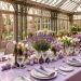 Wide view of a dreamy lavender Easter tablescape in a sunlit conservatory with floral centerpieces and fine china.