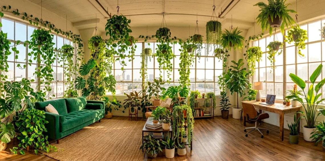 Lush indoor jungle in a sun-drenched studio apartment with diverse houseplants and modern decor.